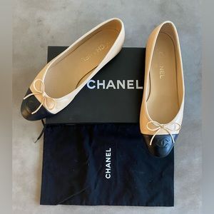 CHANEL Cap Toe Ballet Flats Beige Black 39.5